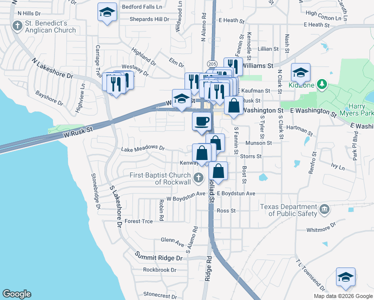 map of restaurants, bars, coffee shops, grocery stores, and more near 133 Lake Meadows Drive in Rockwall