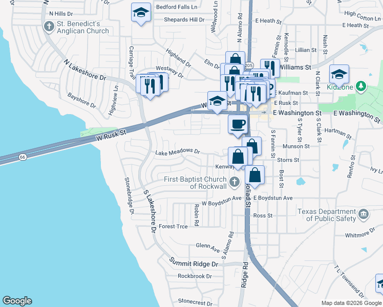 map of restaurants, bars, coffee shops, grocery stores, and more near 603 Lake Meadows Drive in Rockwall