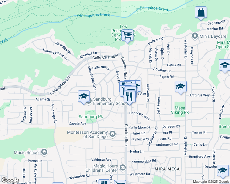 map of restaurants, bars, coffee shops, grocery stores, and more near 11323 Trebol Street in San Diego
