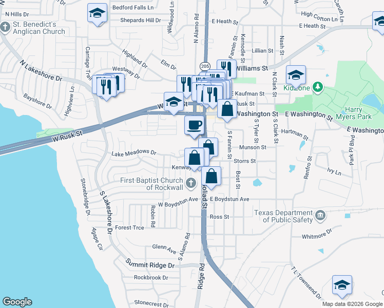 map of restaurants, bars, coffee shops, grocery stores, and more near 218 Lake Meadows Drive in Rockwall
