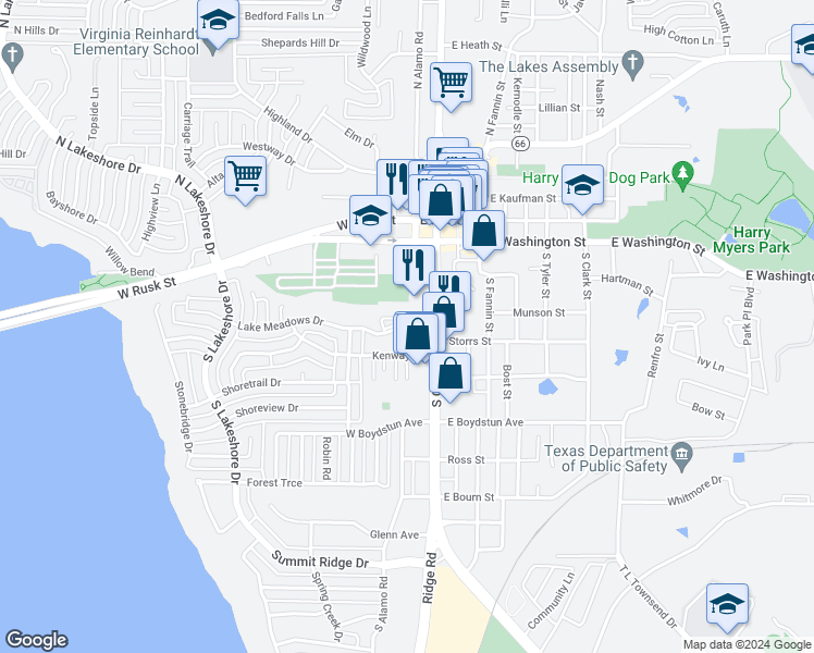 map of restaurants, bars, coffee shops, grocery stores, and more near 225 Lake Meadows Drive in Rockwall