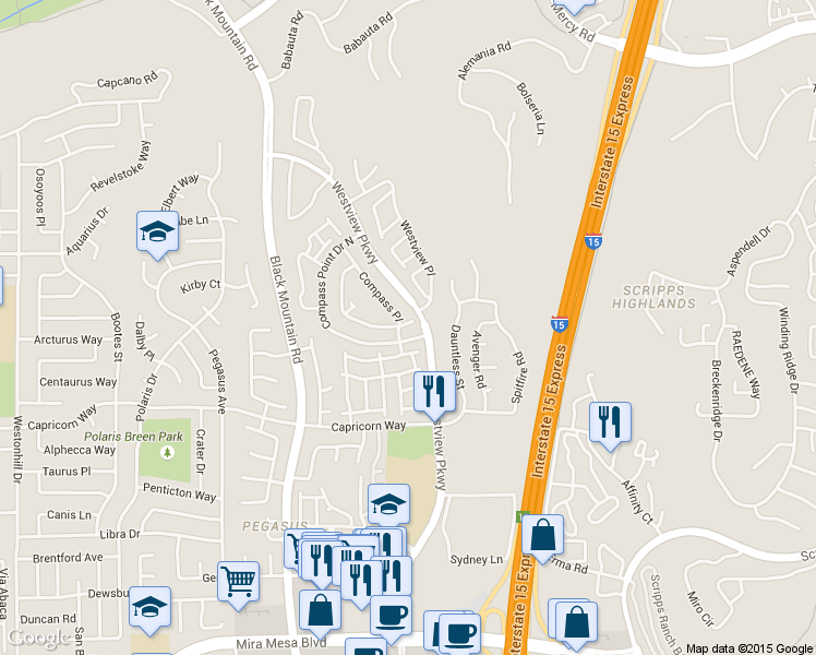map of restaurants, bars, coffee shops, grocery stores, and more near 9520 Compass Point Drive South in San Diego