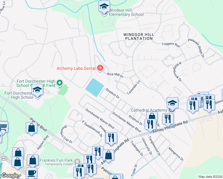 map of restaurants, bars, coffee shops, grocery stores, and more near 4217 Lavender Lane in North Charleston