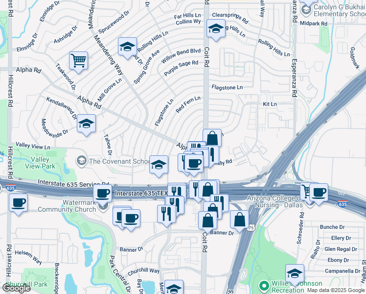 map of restaurants, bars, coffee shops, grocery stores, and more near 13105 Southview Lane in Dallas