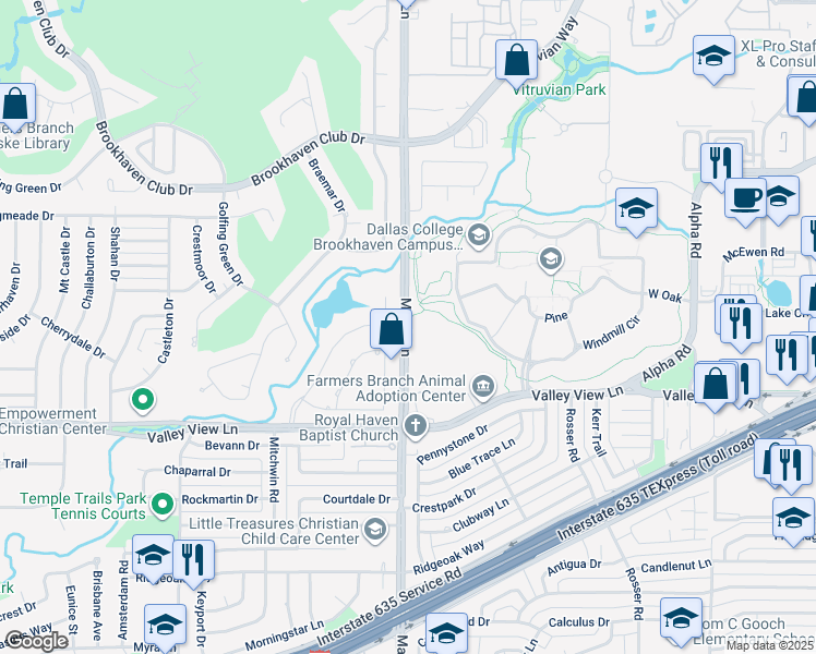 map of restaurants, bars, coffee shops, grocery stores, and more near Brookhaven College Jogging Trail in Farmers Branch
