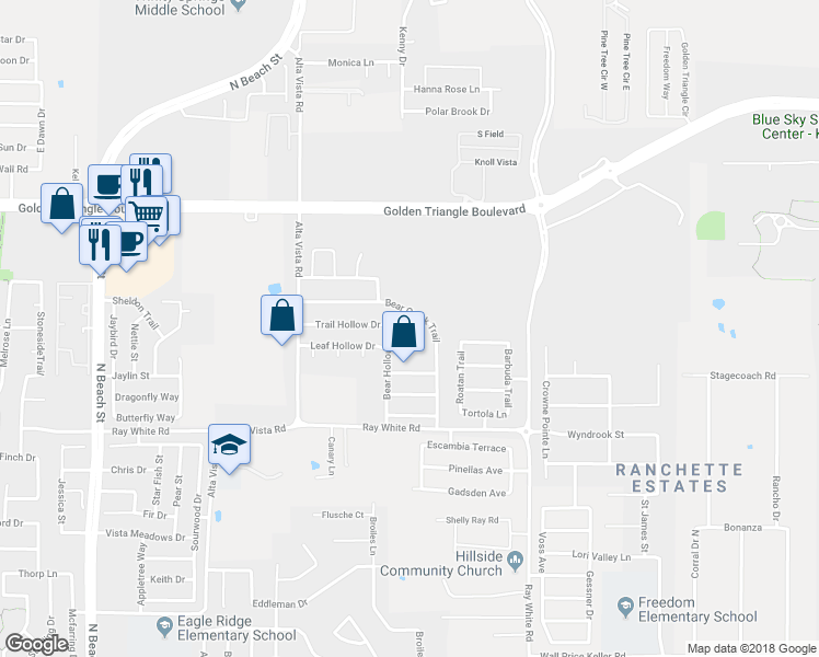 map of restaurants, bars, coffee shops, grocery stores, and more near 10448 Bear Creek Trail in Fort Worth