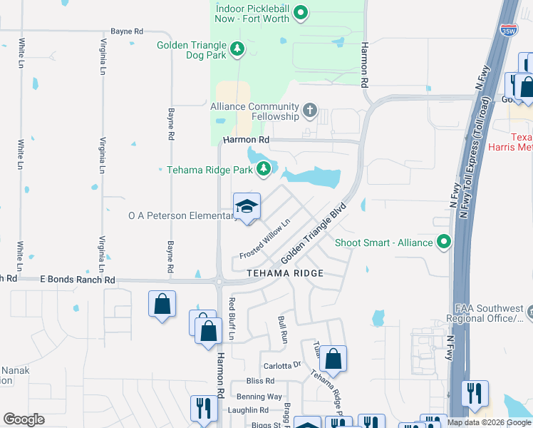 map of restaurants, bars, coffee shops, grocery stores, and more near 2112 Ravens Nest Drive in Fort Worth