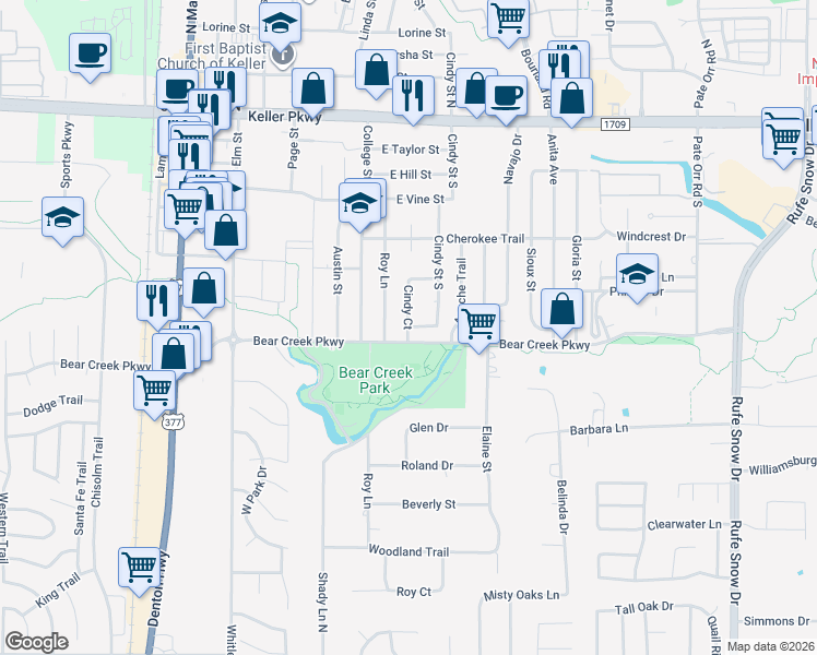 map of restaurants, bars, coffee shops, grocery stores, and more near 332 Cindy Court in Keller