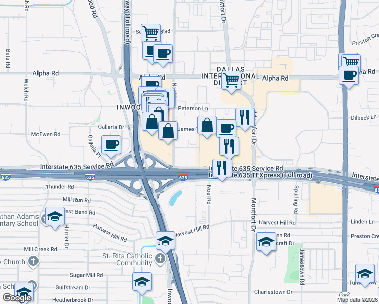 map of restaurants, bars, coffee shops, grocery stores, and more near 13001 Cornell Drive in Dallas