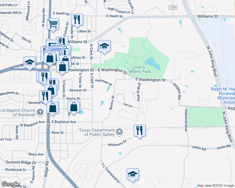 map of restaurants, bars, coffee shops, grocery stores, and more near 555 Ivy Lane in Rockwall