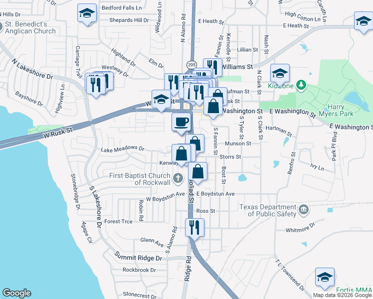 map of restaurants, bars, coffee shops, grocery stores, and more near 337 Lake Meadows Drive in Rockwall