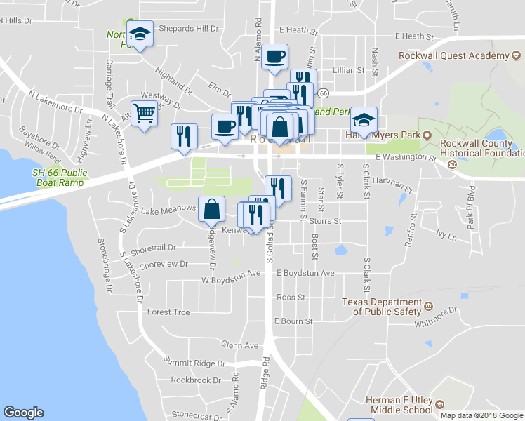 map of restaurants, bars, coffee shops, grocery stores, and more near 337 Lake Meadows Drive in Rockwall