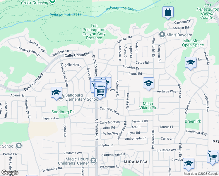 map of restaurants, bars, coffee shops, grocery stores, and more near 8308 Menkar Road in San Diego