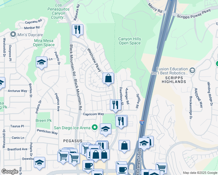 map of restaurants, bars, coffee shops, grocery stores, and more near 9520 Compass Point Drive South in San Diego