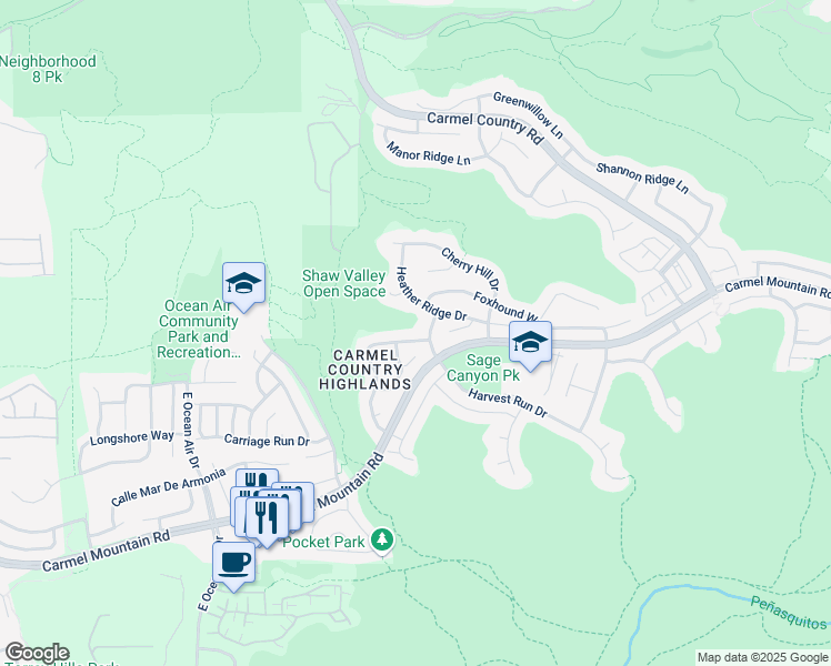 map of restaurants, bars, coffee shops, grocery stores, and more near 10762 Heather Ridge Drive in San Diego