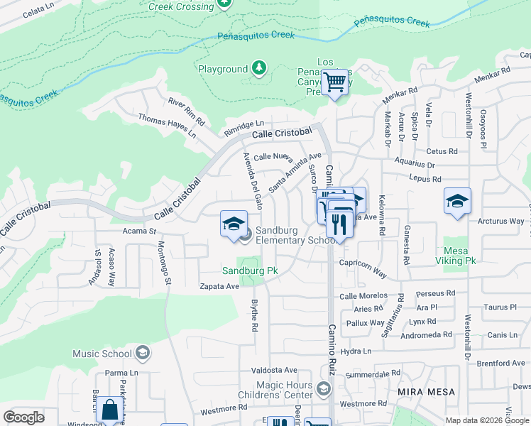 map of restaurants, bars, coffee shops, grocery stores, and more near 11329 Avenida Del Gato in San Diego