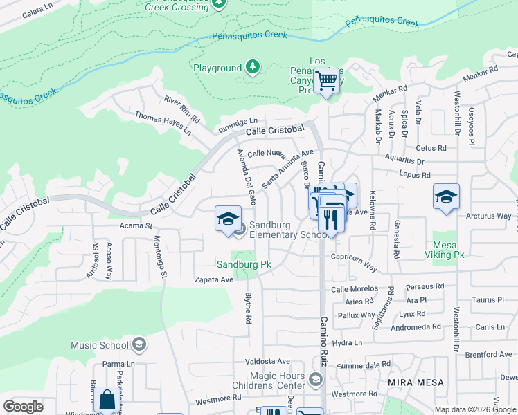 map of restaurants, bars, coffee shops, grocery stores, and more near 11329 Avenida Del Gato in San Diego