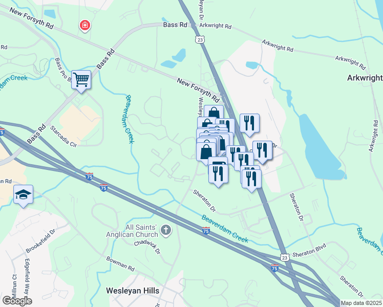 map of restaurants, bars, coffee shops, grocery stores, and more near 1900 Wesleyan Drive in Macon