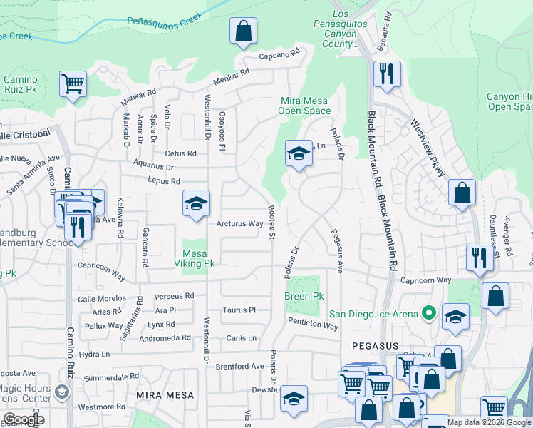 map of restaurants, bars, coffee shops, grocery stores, and more near 8890 Cassioepia Way in San Diego