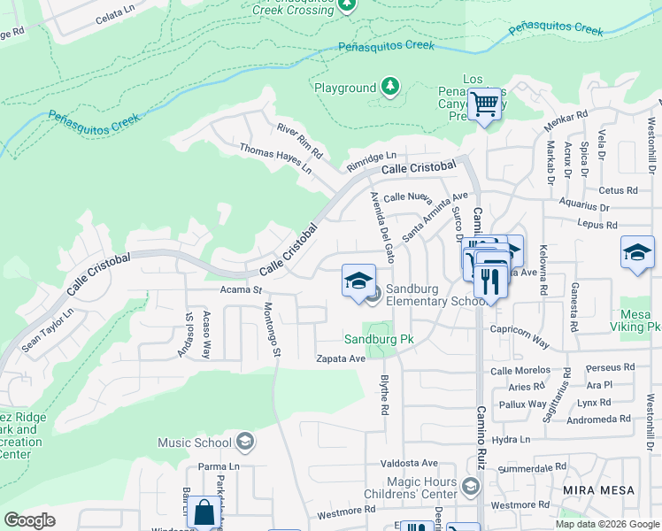 map of restaurants, bars, coffee shops, grocery stores, and more near 8022 Santa Arminta Avenue in San Diego