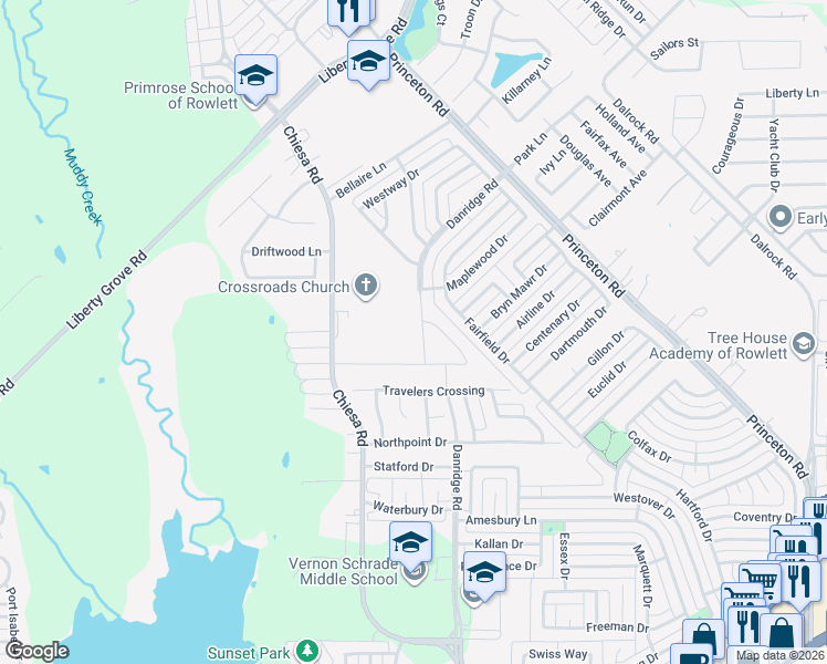 map of restaurants, bars, coffee shops, grocery stores, and more near 6839 Elm Street in Rowlett