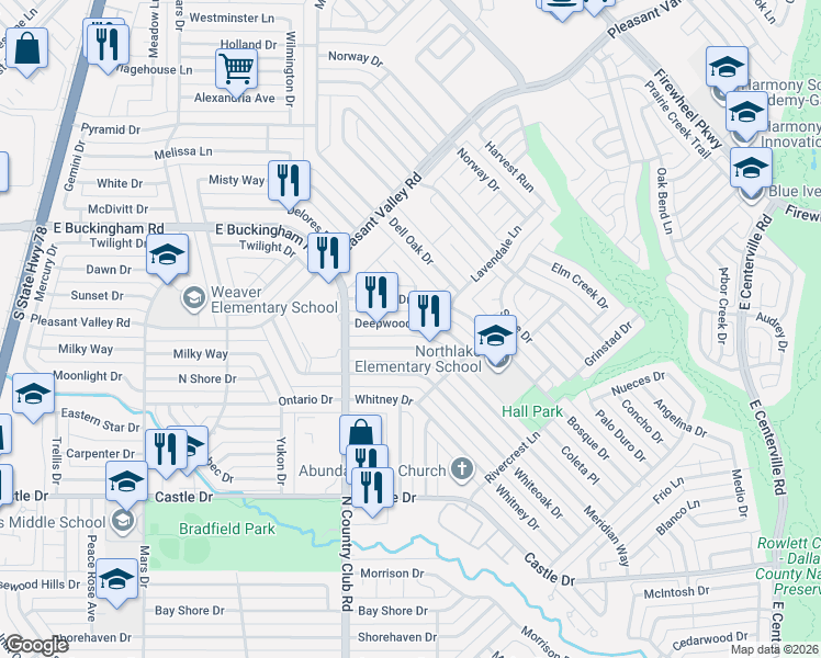 map of restaurants, bars, coffee shops, grocery stores, and more near 1517 Deepwood Drive in Garland