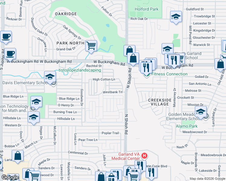 map of restaurants, bars, coffee shops, grocery stores, and more near 1426 High Cotton Lane in Garland