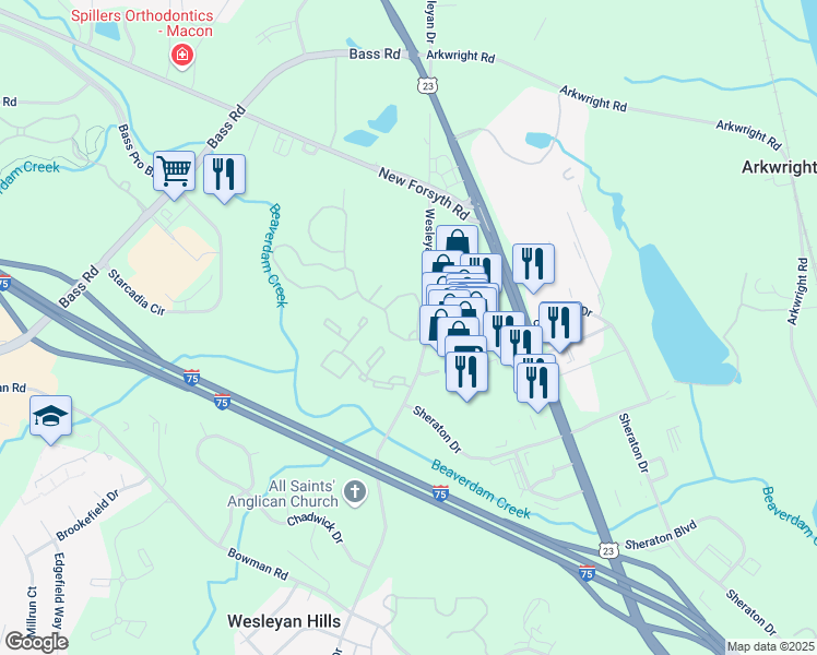 map of restaurants, bars, coffee shops, grocery stores, and more near 1900 Wesleyan Drive in Macon