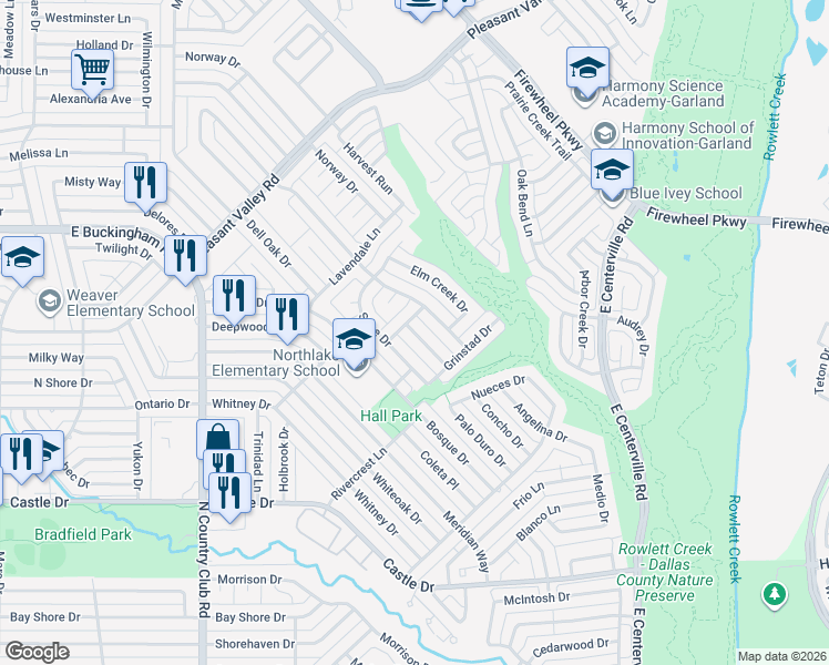 map of restaurants, bars, coffee shops, grocery stores, and more near 1417 Arendale Drive in Garland