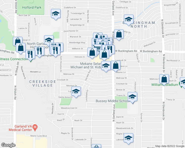 map of restaurants, bars, coffee shops, grocery stores, and more near 1614 San Antonio Lane in Garland