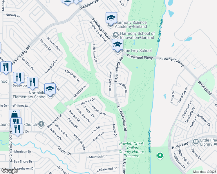 map of restaurants, bars, coffee shops, grocery stores, and more near 1634 Arbour Creek in Garland
