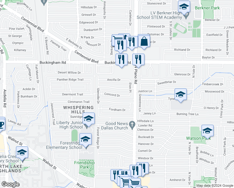map of restaurants, bars, coffee shops, grocery stores, and more near 4613 Concord Drive in Garland