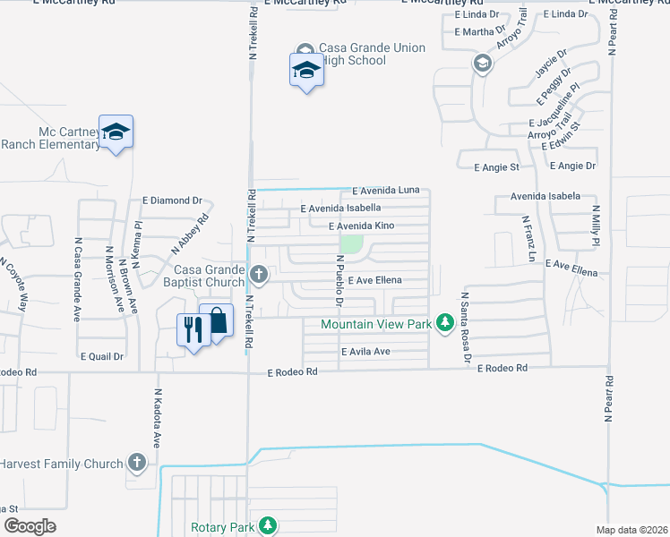 map of restaurants, bars, coffee shops, grocery stores, and more near 1197 East Avenue Fresca in Casa Grande