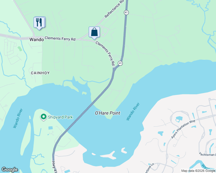 map of restaurants, bars, coffee shops, grocery stores, and more near 2579 South Carolina 41 in Charleston