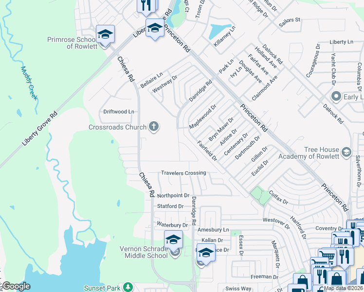 map of restaurants, bars, coffee shops, grocery stores, and more near 6839 Elm Street in Rowlett