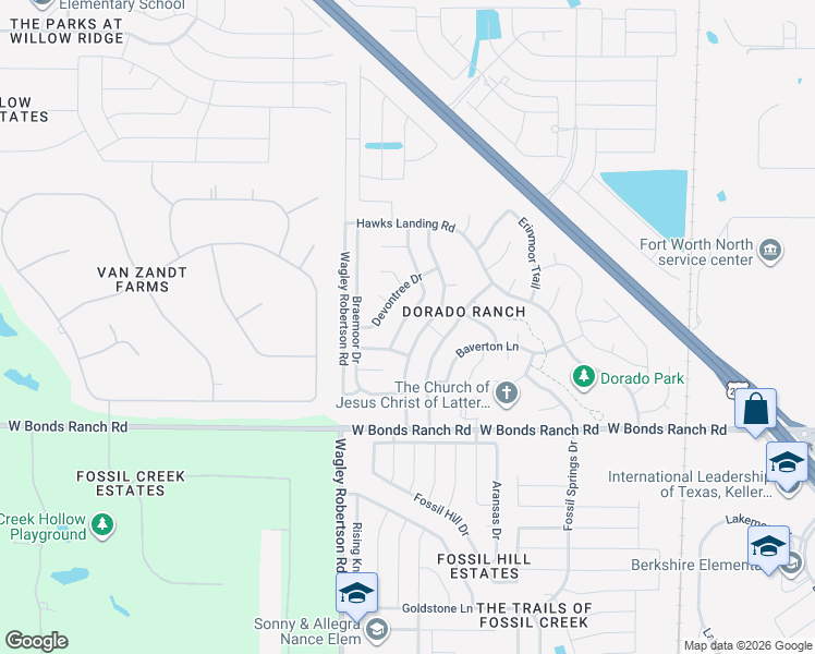 map of restaurants, bars, coffee shops, grocery stores, and more near 10825 Middleglen Road in Haslet