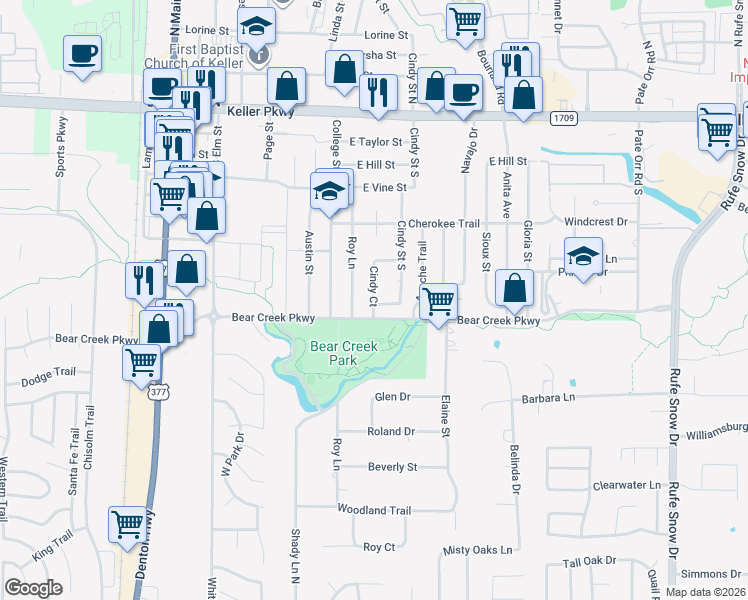 map of restaurants, bars, coffee shops, grocery stores, and more near 357 Cindy Street in Keller