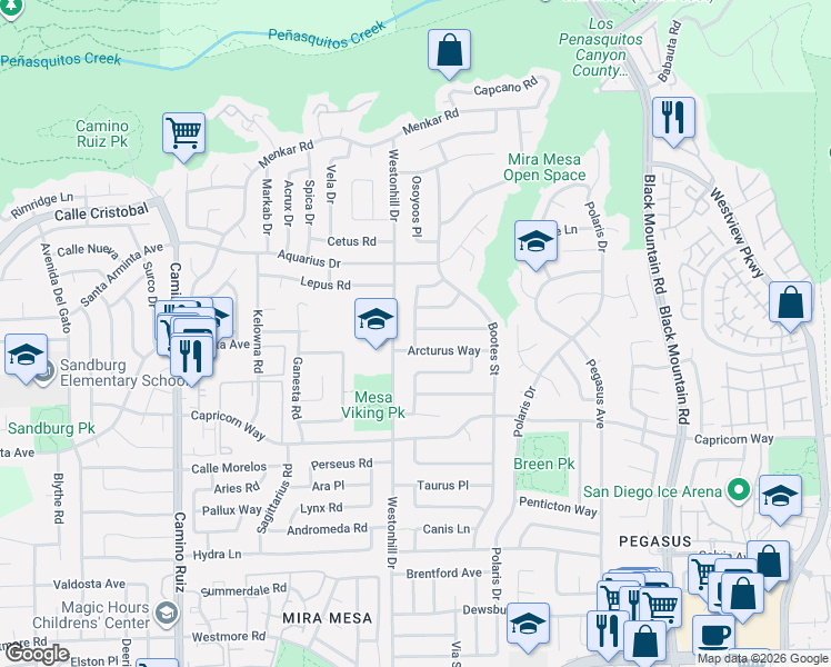 map of restaurants, bars, coffee shops, grocery stores, and more near 11270 Squamish Road in San Diego