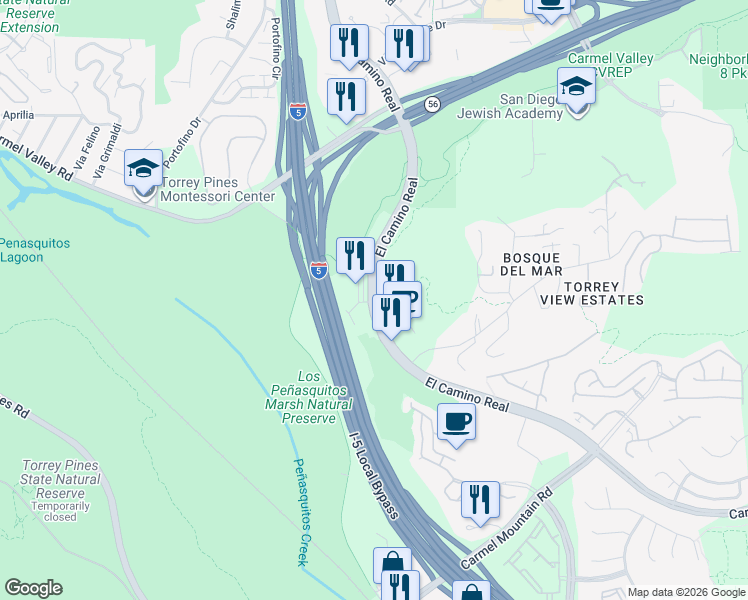 map of restaurants, bars, coffee shops, grocery stores, and more near 11502 El Camino Real in San Diego