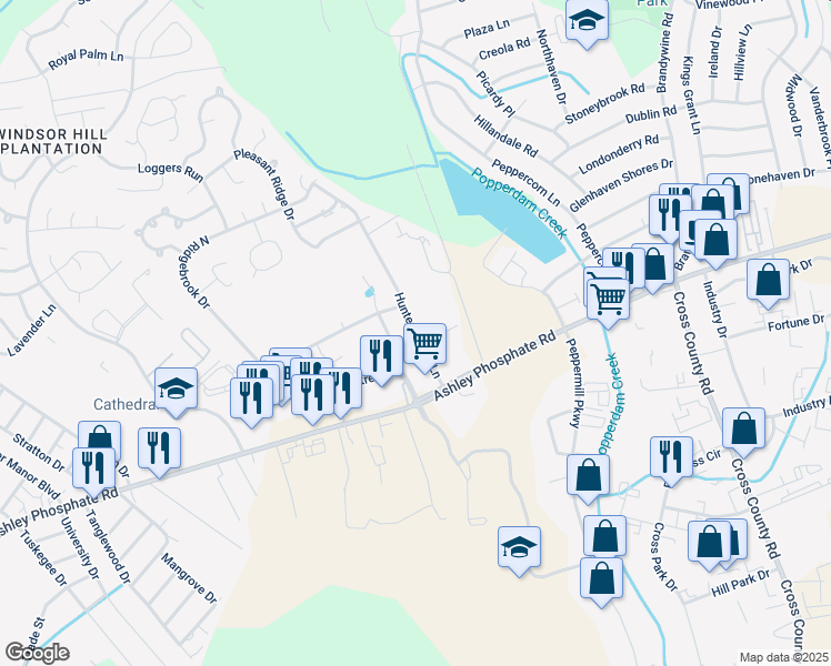 map of restaurants, bars, coffee shops, grocery stores, and more near 7584 Hunters Ridge Lane in North Charleston