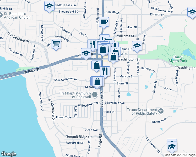 map of restaurants, bars, coffee shops, grocery stores, and more near 318 South Goliad Street in Rockwall