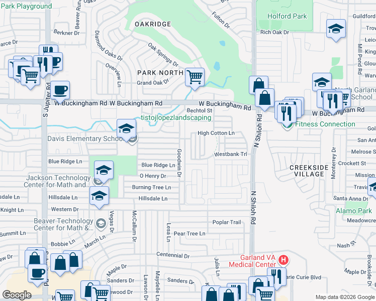 map of restaurants, bars, coffee shops, grocery stores, and more near 1638 Goodfield Lane in Garland