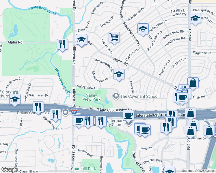 map of restaurants, bars, coffee shops, grocery stores, and more near 13220 Laurel Wood Lane in Dallas