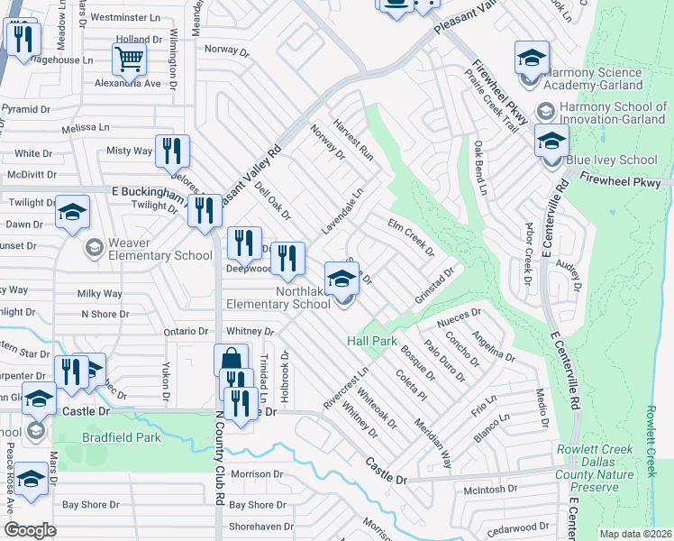 map of restaurants, bars, coffee shops, grocery stores, and more near 1925 Sage Drive in Garland