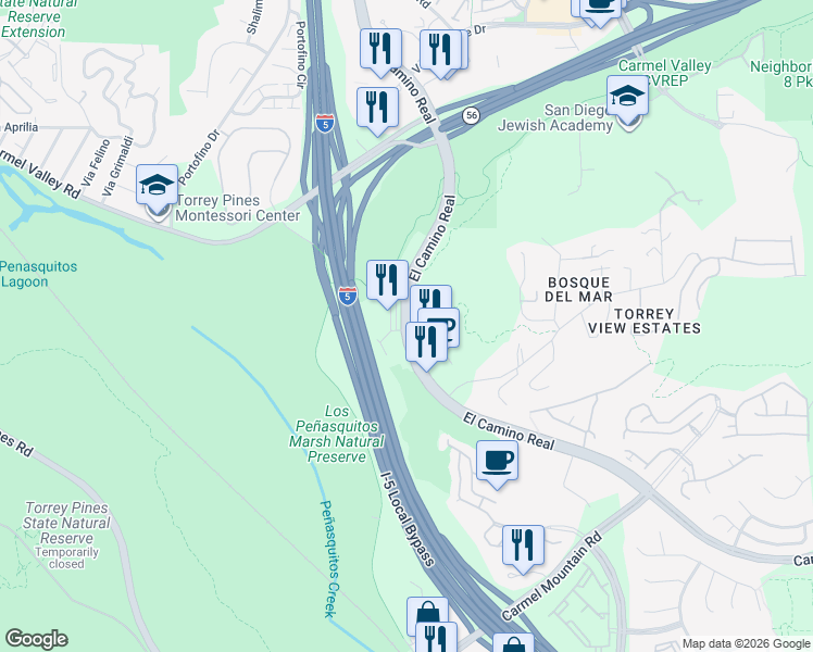 map of restaurants, bars, coffee shops, grocery stores, and more near 11452 El Camino Real in San Diego