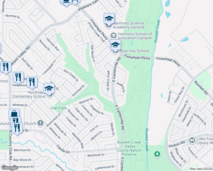 map of restaurants, bars, coffee shops, grocery stores, and more near 1634 Arbour Creek in Garland