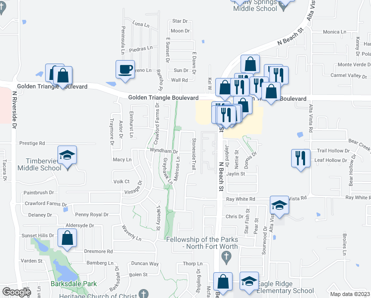 map of restaurants, bars, coffee shops, grocery stores, and more near 10605 Melrose Lane in Fort Worth