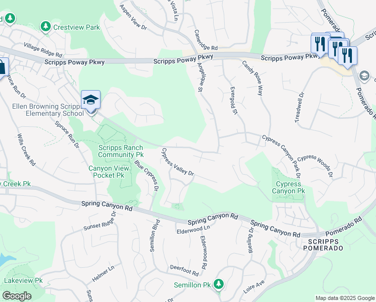 map of restaurants, bars, coffee shops, grocery stores, and more near 11672 Cypress Canyon Road in San Diego