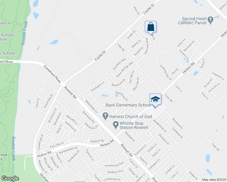 map of restaurants, bars, coffee shops, grocery stores, and more near 7506 Sand Pine Drive in Rowlett