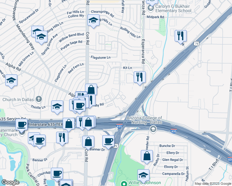 map of restaurants, bars, coffee shops, grocery stores, and more near 13259 Emily Road in Dallas